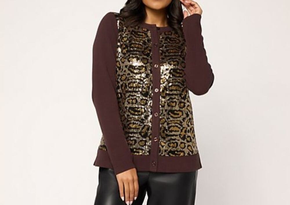 Jingle Belles By Kim Gravel Med Brown Animal Print Sequin Cardigan A711071 NWOT